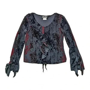 Cartise International Black Red Velvet Ruffle Bell Sleeve V Neck Whimsigoth